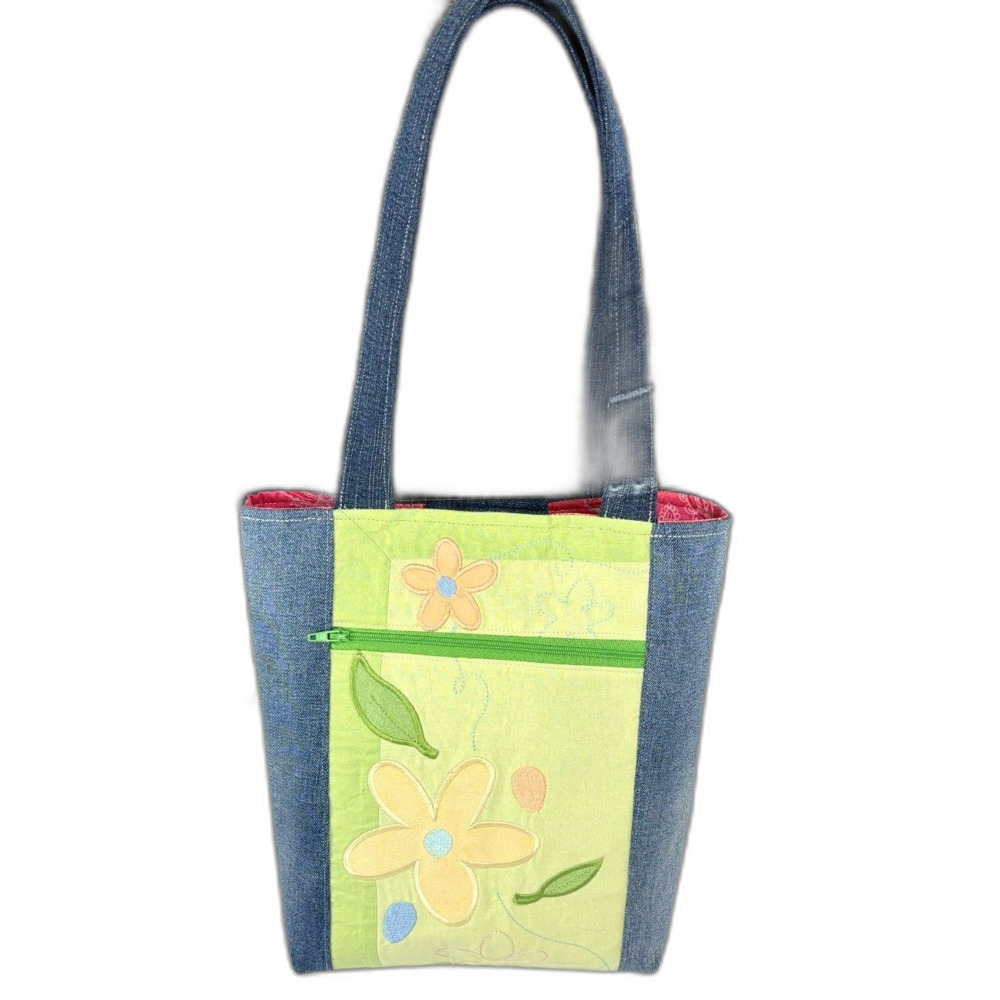 Handmade Upcycled Denim Floral Small Tote Bag Magnetic Closure Pockets Cotton